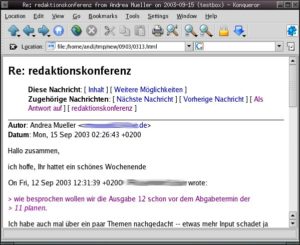 Abbildung 1: Von Hypermail archivierte Mails enthalten den Nachrichtentext, ausgewählte Kopfzeilen und Verweise auf die vorherige und nächste Mail der Diskussion.