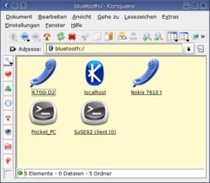 Abbildung 1: Konqueror sieht neben sich selbst (localhost) noch zwei Mobiltelefone, einen Pocket PC und einen weiteren PC.