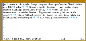 Abbildung 1: Unter DOS oder Windows erstellte Textdateien fallen beim Öffnen unter Linux sofort durch die zusätzlichen Carriage-Return-Zeichen am Zeilenende auf.