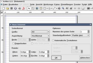 Abbildung 1: Das Skribus-Haupfenster mit dem Dialog, der die Einstellungen für ein neues Dokument festlegt, unter anderem Seitengröße und Ränder.