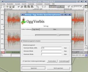 Abbildung 1: Statt auf MP3 setzt Sweep auf den Ogg-Vorbis-Codec, um große Musikdateien zu komprimieren. Im Dialogfeld legen Sie die Kompressionsrate fest.