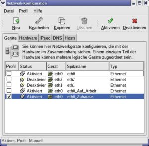 Abbildung 1: Fedora Core liefert einen Profilmanager mit. Über so genannte logische Geräte konfigurieren Sie die Netzwerk-Devices an Ihrem Laptop für verschiedene Örtlichkeiten.