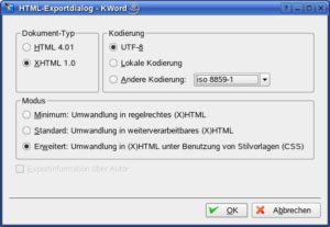 Abbildung 1: Kword exportiert beim Speichern von HTML-Seiten auch die CSS-Informationen. Die sollten Sie für größtmögliche Browserunterstützung auf 'iso 8859-1' ändern. Benutzen Sie auf Ihrer Seite auch Sonderzeichen anderer Sprachen, wählen Sie das voreingestellte UTF-8.