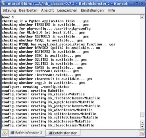 Abbildung 1: Die Ausgabe des Configure-Skripts von 'hk_classes' verrät Ihnen, welche Datenbanken Knoda unterstützen wird. Achten Sie auf die Einträge in Großbuchstaben wie FIREBIRD, MDBTOOLS und MYSQL.