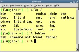 Abbildung 1: Mit Escape-Sequenzen gestalten Sie den Zsh-Prompt bunt. Ein grünes Smiley signalisiert fehlerfrei Aktionen, ein rotes den Mißerfolg einer Befehlseingabe.
