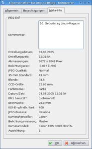 Abbildung 1: Der Dateimanager Konqueror zeigt EXIF-Informationen von Fotos im Eigenschaften-Dialog an.