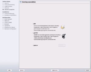 Abbildung 1: Gleichberechtigung von KDE und Gnome: Der Benutzer muss sich explizit für eine Desktop-Umgebung entscheiden. Die Online-Hilfe verzichtet auf Details und macht die Unterschiede am Mailprogramm und am Browser fest.