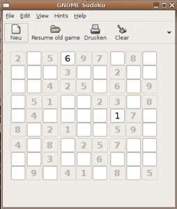 Abbildung 1: Gnome-Sudoku berechnet Spielfelder und gibt auf Wunsch Tipps zur Lösung. Das Feld besteht aus neun Quadraten mit je drei mal drei Kästchen.