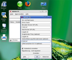 Abbildung 1: Für die Einrichtung beim ersten Start benötigt KPhone nur wenige Angaben, lediglich den Benutzer- und Host-Teil der SIP-URL müssen Sie in jedem Fall angeben.