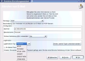 Abbildung 1: Evolutions Einrichtungsassistent prüft zwar auf Wunsch, welche Legitimationsmethoden der Server bietet. Auf die Idee, die Datenübertragung automatisch immer dann per SSL zu verschlüsseln, wenn es möglich ist, sind die Entwickler aber nicht gekommen.