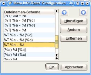 Abbildung 1: Mit der gelb markierten Regel errät JuK die passenden ID3-Tags für Stücknummer (%T), Titel (%t) und Künstler (%a) von Dateien, deren Namen nach dem Muster "Titelnummer Interpret - Titel.mp3" aufgebaut sind.