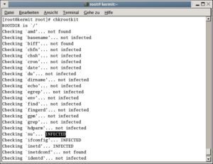 Abbildung 1: Chkrootkit hat in "su", "ifconfig" und "inetd" infizierte Dateien gefunden.