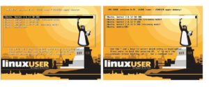 Abbildung 1: Ein individualisierter Grub-Splashscreen mit dem Motiv des LinuxUser-Mauspads aus Ausgabe 06/2005. Um die Lesbarkeit zu verbessern, wurden die Vorder- und Hintergrundfarben der Menütexte gegenüber der Voreinstellung einfach vertauscht.