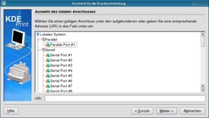 Abbildung 1: Mühsame Auswahl des lokalen Anschlusses im KDEPrint-Assistenten.