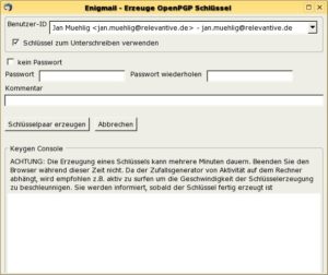 Abbildung 1: Im Dialog, in dem man einen neuen Schlüssel in Thunderbird/Enigmail erzeugt, fehlen grundlegende Informationen, etwa zum "Passwort", Ort der Schlüssel, oder der Funktionsweise asymmetrischer Schlüssel.