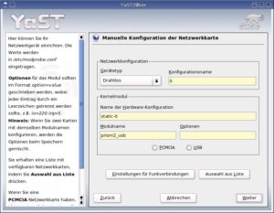 Abbildung 1: Einrichten eines USB WLAN-Adapters mit Prism2-Chipsatz unter SuSE Linux 9.1.