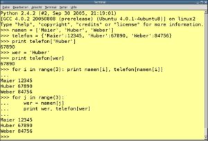 Abbildung 1: Im interaktiven Modus (hier der Python-Interpreter) können Sie die Wirkung von Skriptbefehlen direkt ausprobieren.
