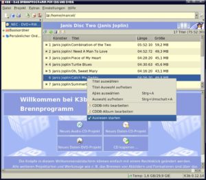 Abbildung 1: Über einen Klick mit der rechten Maustaste auf einen der Songs konvertiert K3b die Daten auf der CD.