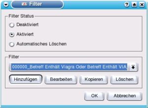 Abbildung 11: Über dieses Fenster fügen Sie einen neuen Filter hinzu. Im Bereich "Filter Status" bestimmen Sie, ob die Liste mit den Filtern aktiviert oder deaktiviert ist. Per "Automatisches Löschen" entfernt KShowmail positiv getestete E-Mails sofort.
