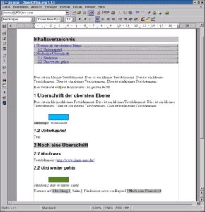 Abbildung 11: Dieses Testdokument benutzt die wichtigsten Exportfunktionen von ExtendedPDF. Es enthält mehrere Überschriften, ein Inhaltsverzeichnis mit Querverweisen, zwei Abbildungen, einen externen Link und versteckt über der Überschrift 1 ein gelbes Kommentarfeld.