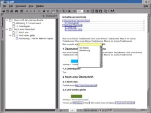 Abbildung 12: So sieht das Dokument aus Abbildung 11 im Acrobat Reader aus. Am linken Rand sind die Bookmarks zu sehen mit allen Überschriften und Abbildungen. Blaue Rahmen heben die Querverweise im Text optisch hervor. Die eingebettete Notiz ist gerade geöffnet.