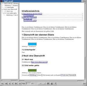 Abbildung 13: Das Testdokument in Xpdf. Diese freie Alternativ zum Acrobat Reader arbeitet wesentlich flotter und beherrscht auch Bookmarks und Hyperlinks, zeigt aber keine Notizen an.
