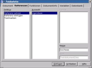 Abbildung 14: Für Querverweise innerhalb eines OpenOffice-Textes ist dieses Dialogfenster zuständig. Sie geben mit ihm zunächst dem Ziel des Verweises einen Namen und können dann erst den Querverweis einfügen.