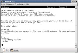 Abbildung 16: Das Text-Adventure zum legendären Buch: Frotz erweckt "The Hitchhiker's Guide to the Galaxy" zum Leben.