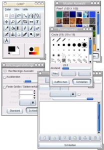 Abbildung 1b: Gimp 1.2 überflutet die Arbeitsfläche mit einer Vielzahl an Fenstern.