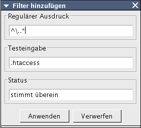 Abbildung 2: Der Dialog zur Eingabe der Dateifilter ermöglicht den Test der Regular Expressions.