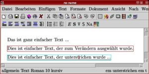 Abbildung 2: Ausgewählter Text wird rot umrahmt, die Grenzen eines zuvor veränderten Textblocks markiert ein türkisfarbenes Rechteck.