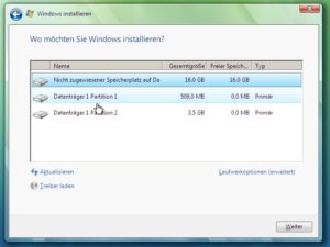 Abbildung 2: Der Partitionierungsmanager des Vista-Setups zeigt weder die Dateisysteme an, noch bietet er alternativen zu NTFS.