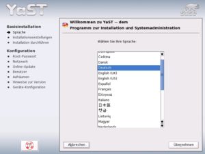 Abbildung 2: Die Systemeinrichtung beginnt mit der Sprachauswahl im Installationsprogramm Yast.