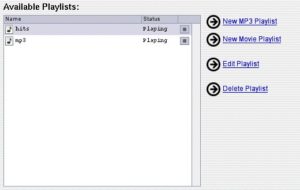 Abbildung 2: Der Darwin-Streaming-Server erlaubt, mit den Links rechts oben Playlisten für Filme und MP3-Dateien anzulegen.