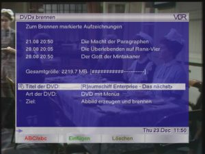 Abbildung 2: Mit dem DVD-Burn-Plugins stellen Sie mehrere Aufnahmen komfortabel per Fernbedienung zu einer Video-DVD mit DVD-Menü zusammen. Selbst das Brennen der DVD übernimmt das Plugin.