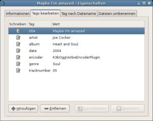 Abbildung 2: Der integrierte Tag-Editor von Quodlibet. Mit Ausnahme des fehlenden Reiters "Titelnummern" sind die FFunktionenmit Ex Falso identisch.