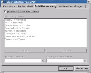 Abbildung 2: In den Eigenschaften des neuen Pseudo-Druckers von OpenOffice darf die Schriftersetzung nicht aktiv sein.