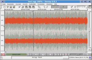 Abbildung 2: Sweep bildet Audio-Dateien als Wellen ab. Mit dem Mausrad zoomen Sie in die Welle hinein, den aktuellen Zoomfaktor signalisiert die Titelleiste. Bei 100 Prozent wird die komplette Audio-Datei abgebildet.