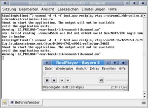 Abbildung 2: Während Sie mit dem Realplayer Musik hören, schreibt Vsound im Hintergrund den Audiostream des Senders in eine au-Datei. Schließen Sie den Realplayer, konvertiert Sox die Datei ins wav-Format.