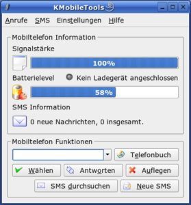 Abbildung 2: Das Hauptfenster von KMobileTools zeigt Ihnen die Signalstärke und den Zustand des Akkus an. Über das Eingabefeld starten Sie einen Anruf.