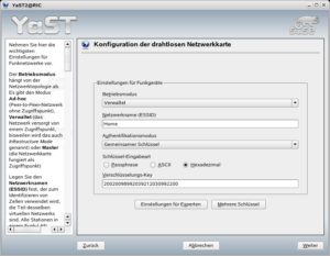Abbildung 2: Netzwerkeinstellungen der WLAN-Karte unter YaST.