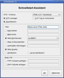 Abbildung 2: Der Assistent des HTML-Editors Quanta Plus hilft Ihnen beim Erstellen eines neuen HTML-Dokuments.
