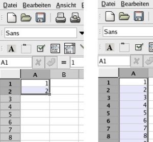 Abbildung 2: Gnumeric hilft beim Erzeugen von Aufzählungen: Startwerte eintippen, beide markieren (links), dann die rechte untere Ecke der markieren nach unten ziehen – fertig (rechts).