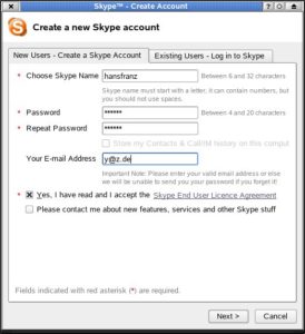 Abbildung 2: Sind Sie neu bei Skype, müssen Sie sich zunächst anmelden. Dazu geben Sie einfach einen Namen, eine E-Mail-Adresse sowie ein Passwort an – die Anmeldung erfolgt sofort.