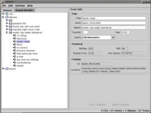 Abbildung 2: MP3CD hilft bei der Orientierung im eigenen MP3-Wald.http://MP3CD hilft dem Anwender bei der Organisation seiner MP3-Sammlung. Im Gegensatz zu anderen Lösungen, die sich der Kombination Apache, PHP und MySQL bedienen, ist das Java-basierte MP3CD ein autonomes Programm, das über eine eigene Datenbank-Engine verfügt. Die Software kann jedoch auch MySQL als Backend für die Datenablage verwenden (Abbildung 2).