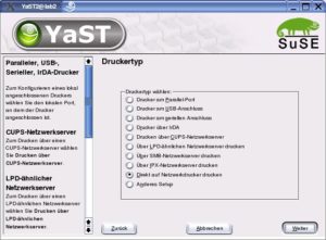 Abbildung 2: Die Einrichtung eines Netzwerkdruckers erfolgt bei Suse Linux 9.0 manuell, da YaST ihn nicht automatisch erkennt.
