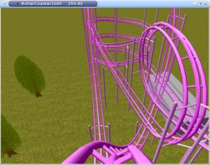 Abbildung 2: Eine Fahrt im RollerCoaster2000. Die Zahl in der Titelleiste des Fensters sind die dargestellten Bilder pro Sekunde. Somit kann RollerCoaster2000 – zwar eingeschränkt – auch als Benchmark herhalten.
