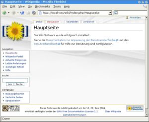 Abbildung 2: Bereit zum Reinschreiben: Nach erfolgreicher Installation präsentiert sich Mediawiki mit einer leeren Hauptseite, die Sie über den Link "Bearbeiten" ändern können.
