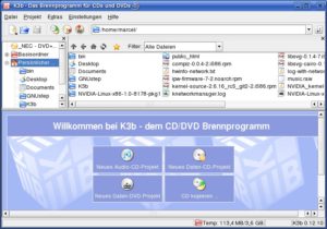 Abbildung 2: Das Hauptfenster von K3b nach dem Start. Klicken Sie unten einen Schnellstarter an, um eine neue CD/DVD zu erstellen.