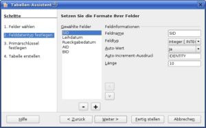 Abbildung 2: Über ein paar Mausklicks definieren Sie, welche Datentypen Sie den verschiedenen Feldern zuordnen. Für Primärschlüssel bieten sich mehrstellige Ganzzahlen an.